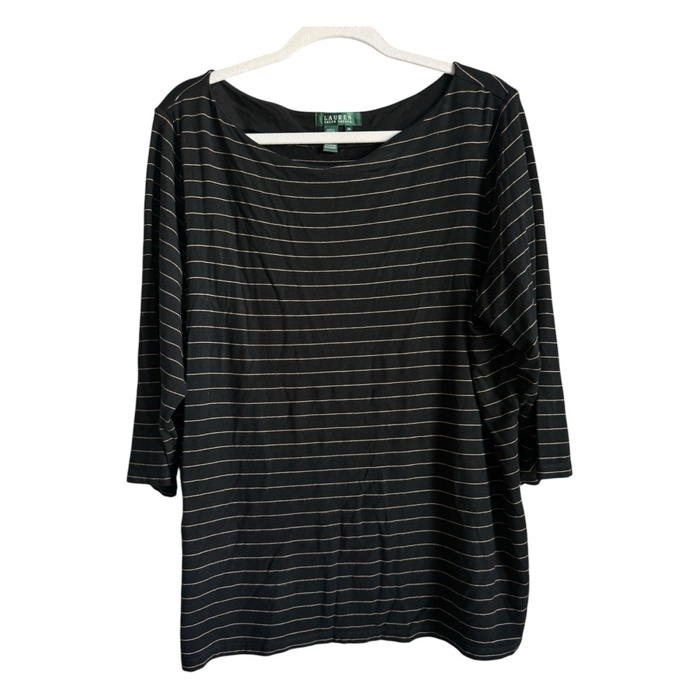 Lauren Ralph Lauren L Black Top Gold Pinstripe 3/4 Sleeve Green Label